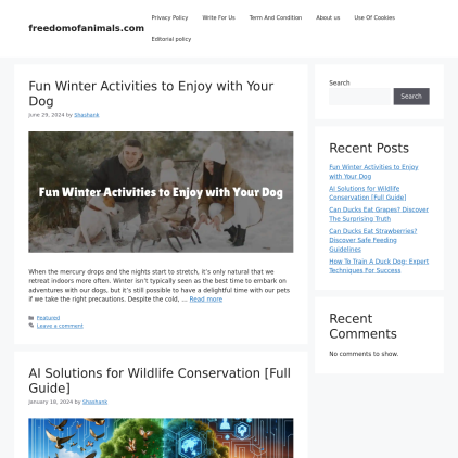 A detailed screenshot showcasing the homepage of freedomofanimals.com, highlighting its main features and design elements.