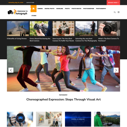 A detailed screenshot showcasing the homepage of freedomtophotograph.com, highlighting its main features and design elements.