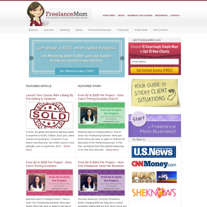 A detailed screenshot showcasing the homepage of freelancemom.com, highlighting its main features and design elements.