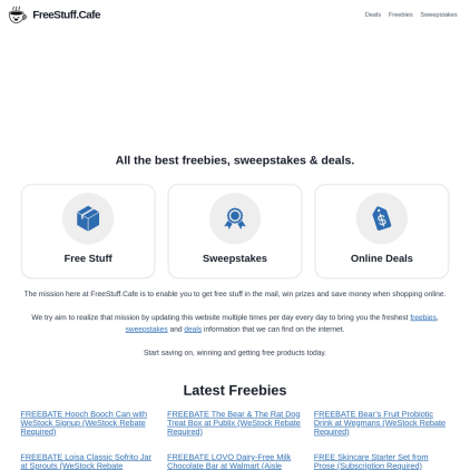 A detailed screenshot showcasing the homepage of freestuff.cafe, highlighting its main features and design elements.