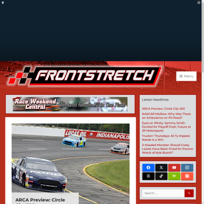 A detailed screenshot showcasing the homepage of frontstretch.com, highlighting its main features and design elements.