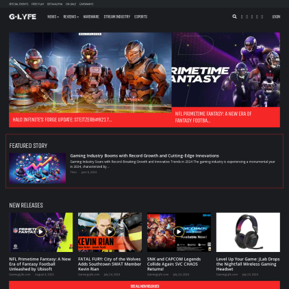 A detailed screenshot showcasing the homepage of gaminglyfe.com, highlighting its main features and design elements.