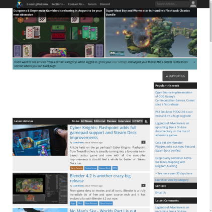 A detailed screenshot showcasing the homepage of gamingonlinux.com, highlighting its main features and design elements.