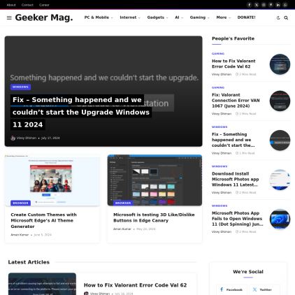 A detailed screenshot showcasing the homepage of geekermag.com, highlighting its main features and design elements.