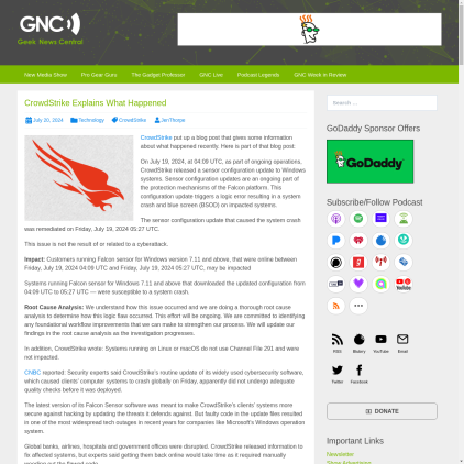 A detailed screenshot showcasing the homepage of geeknewscentral.com, highlighting its main features and design elements.