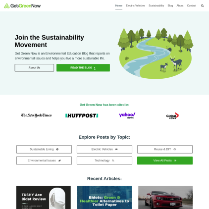 A detailed screenshot showcasing the homepage of get-green-now.com, highlighting its main features and design elements.