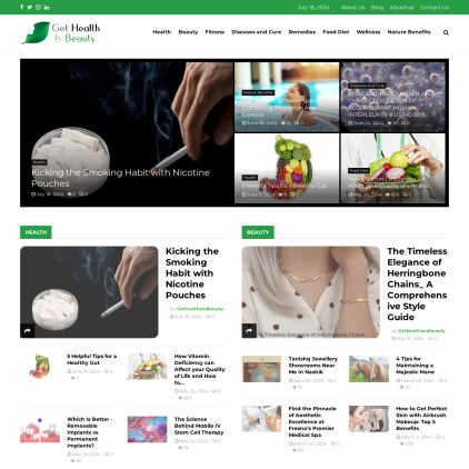 A detailed screenshot showcasing the homepage of gethealthandbeauty.com, highlighting its main features and design elements.