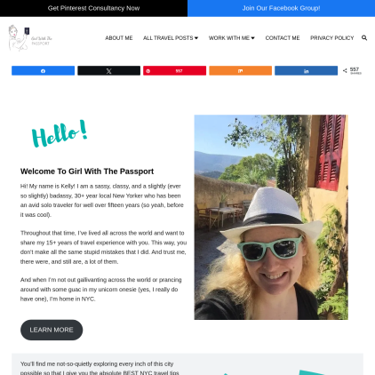 A detailed screenshot showcasing the homepage of girlwiththepassport.com, highlighting its main features and design elements.