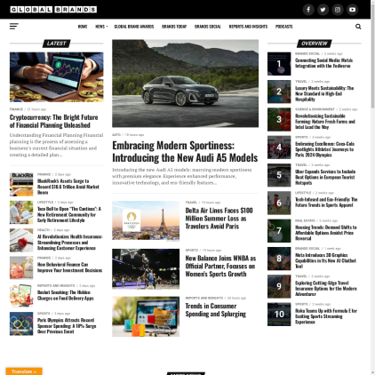 A detailed screenshot showcasing the homepage of globalbrandsmagazine.com, highlighting its main features and design elements.