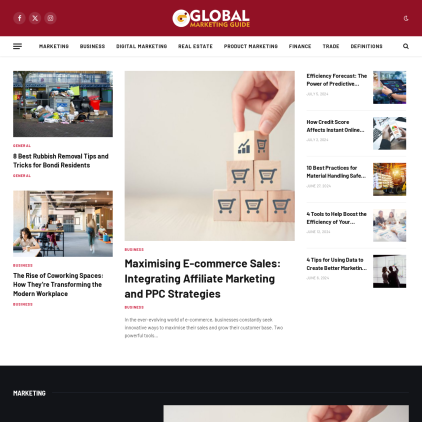 A detailed screenshot showcasing the homepage of globalmarketingguide.com, highlighting its main features and design elements.