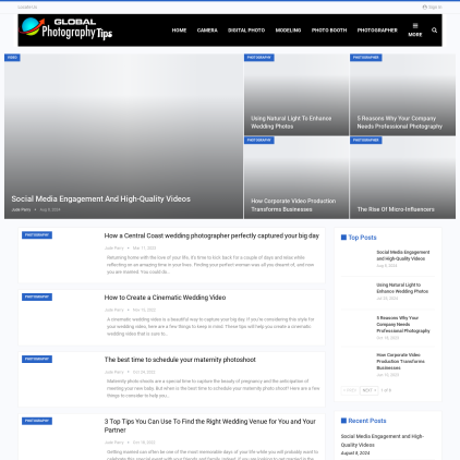 A detailed screenshot showcasing the homepage of globalphotographytips.com, highlighting its main features and design elements.