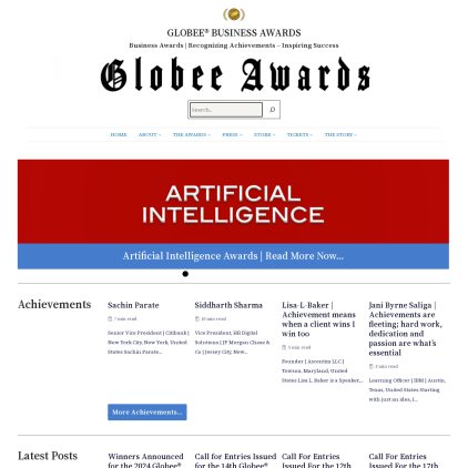 A detailed screenshot showcasing the homepage of globeeawards.com, highlighting its main features and design elements.