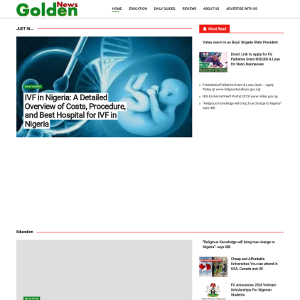 A detailed screenshot showcasing the homepage of goldennewsng.com, highlighting its main features and design elements.