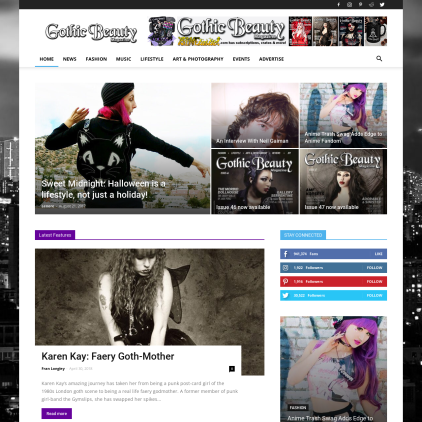 A detailed screenshot showcasing the homepage of gothicbeauty.com, highlighting its main features and design elements.