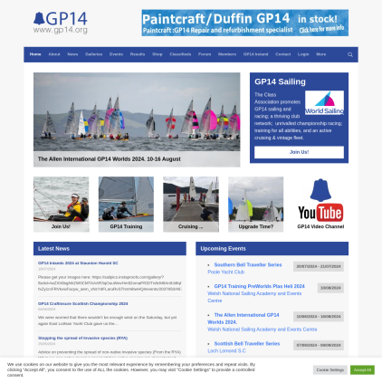 A detailed screenshot showcasing the homepage of gp14.org, highlighting its main features and design elements.