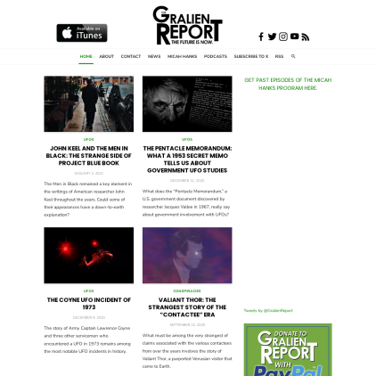 A detailed screenshot showcasing the homepage of gralienreport.com, highlighting its main features and design elements.