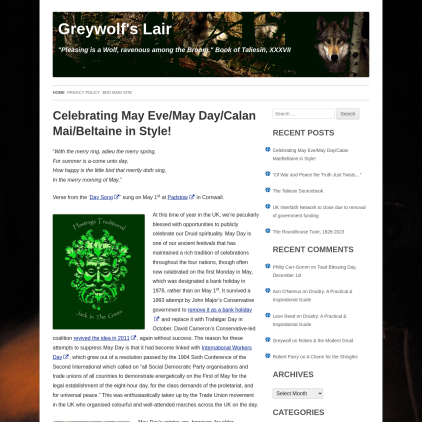 A detailed screenshot showcasing the homepage of greywolf.druidry.co.uk, highlighting its main features and design elements.