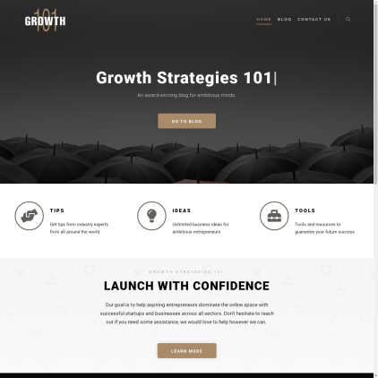 A detailed screenshot showcasing the homepage of growthstrategies101.com, highlighting its main features and design elements.