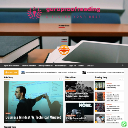 A detailed screenshot showcasing the homepage of guruproofreading.com, highlighting its main features and design elements.