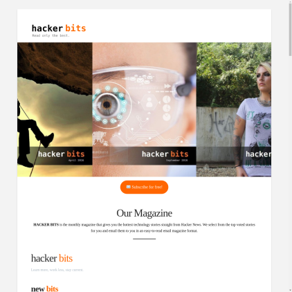 A detailed screenshot showcasing the homepage of hackerbits.com, highlighting its main features and design elements.