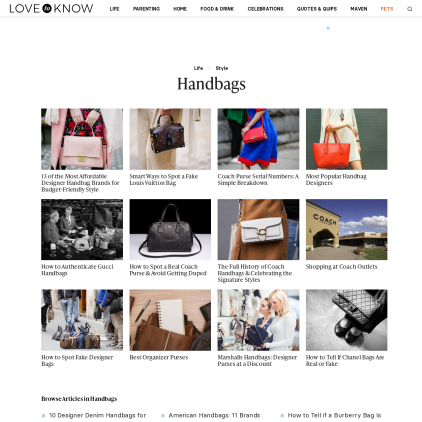 A detailed screenshot showcasing the homepage of handbags.lovetoknow.com, highlighting its main features and design elements.