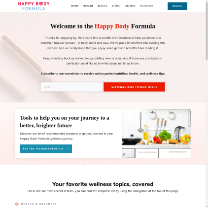 A detailed screenshot showcasing the homepage of happybodyformula.com, highlighting its main features and design elements.