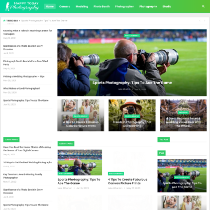 A detailed screenshot showcasing the homepage of happytodayphotography.com, highlighting its main features and design elements.