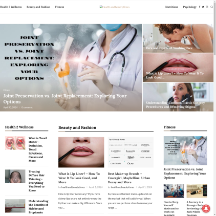 A detailed screenshot showcasing the homepage of healthandbeautytimes.com, highlighting its main features and design elements.