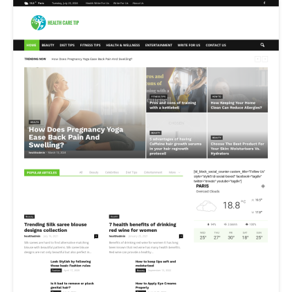 A detailed screenshot showcasing the homepage of healthcaretip.in, highlighting its main features and design elements.