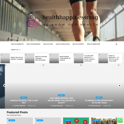 A detailed screenshot showcasing the homepage of healthhappinessmag.com, highlighting its main features and design elements.