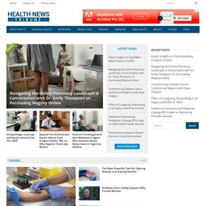 A detailed screenshot showcasing the homepage of healthnewstribune.com, highlighting its main features and design elements.