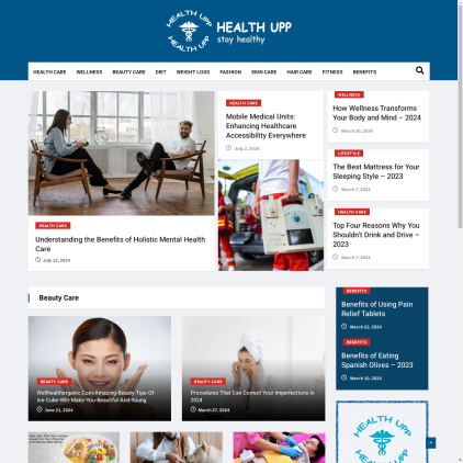 A detailed screenshot showcasing the homepage of healthupp.com, highlighting its main features and design elements.