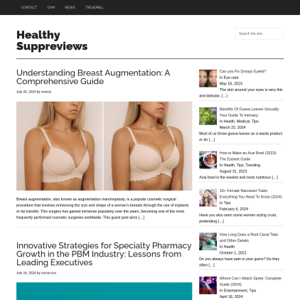 A detailed screenshot showcasing the homepage of healthysuppreviews.com, highlighting its main features and design elements.