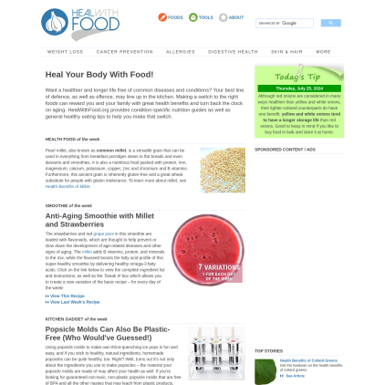 A detailed screenshot showcasing the homepage of healwithfood.org, highlighting its main features and design elements.