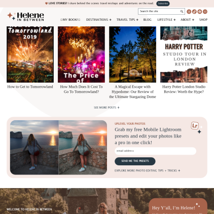 A detailed screenshot showcasing the homepage of heleneinbetween.com, highlighting its main features and design elements.
