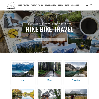 A detailed screenshot showcasing the homepage of hikebiketravel.com, highlighting its main features and design elements.