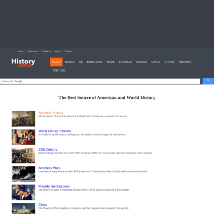 A detailed screenshot showcasing the homepage of historycentral.com, highlighting its main features and design elements.