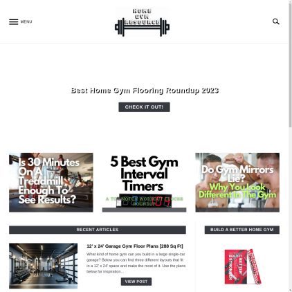 A detailed screenshot showcasing the homepage of homegymresource.com, highlighting its main features and design elements.
