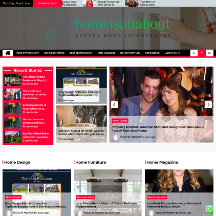 A detailed screenshot showcasing the homepage of homeisallabout.com, highlighting its main features and design elements.