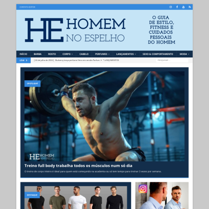 A detailed screenshot showcasing the homepage of homemnoespelho.com.br, highlighting its main features and design elements.