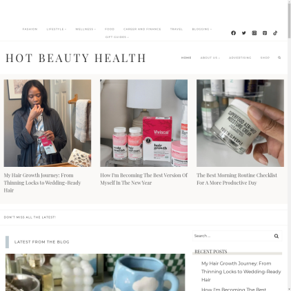 A detailed screenshot showcasing the homepage of hotbeautyhealth.com, highlighting its main features and design elements.