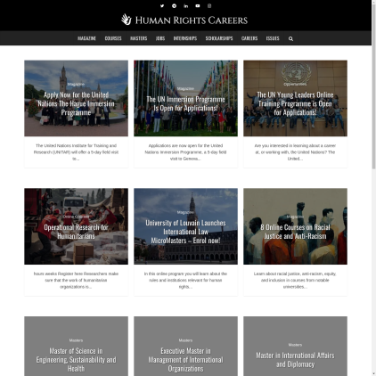 A detailed screenshot showcasing the homepage of humanrightscareers.com, highlighting its main features and design elements.