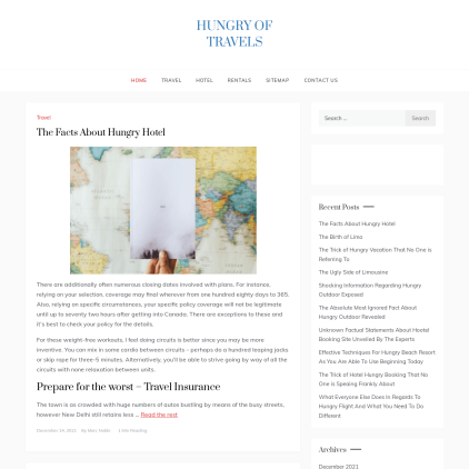 A detailed screenshot showcasing the homepage of hungrytravels.com, highlighting its main features and design elements.
