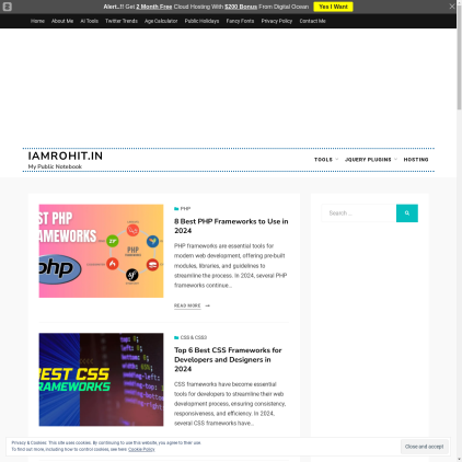 A detailed screenshot showcasing the homepage of iamrohit.in, highlighting its main features and design elements.