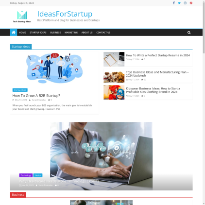 A detailed screenshot showcasing the homepage of ideasforstartup.com, highlighting its main features and design elements.