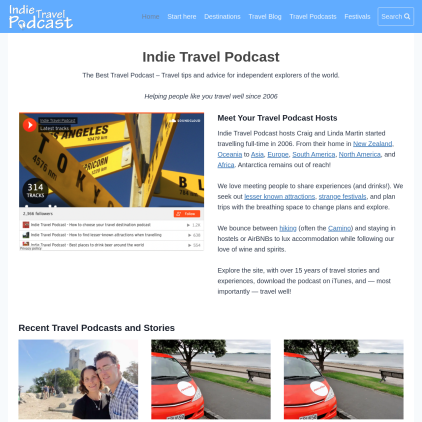 A detailed screenshot showcasing the homepage of indietravelpodcast.com, highlighting its main features and design elements.