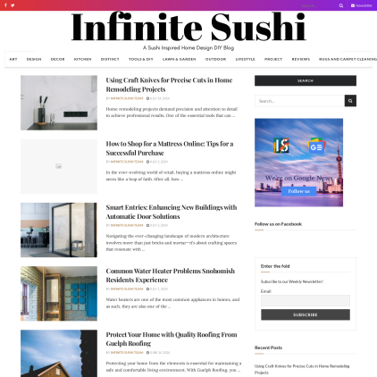 A detailed screenshot showcasing the homepage of infinite-sushi.com, highlighting its main features and design elements.