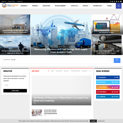 A detailed screenshot showcasing the homepage of infocaptain.com, highlighting its main features and design elements.