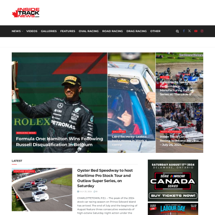 A detailed screenshot showcasing the homepage of insidetracknews.com, highlighting its main features and design elements.