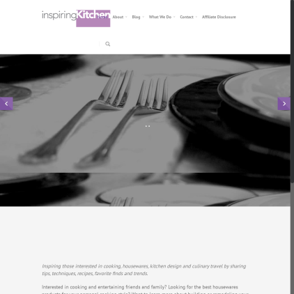 A detailed screenshot showcasing the homepage of inspiringkitchen.com, highlighting its main features and design elements.